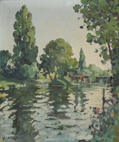 Raoul ÉTÈVE Bord de rivière Huile sur toile, signée en bas à gauche. 55 x 46 cm.