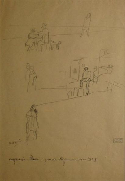 Jules PASCIN Personnages attablés, passants Feuille d'étude au crayon noir (traces...