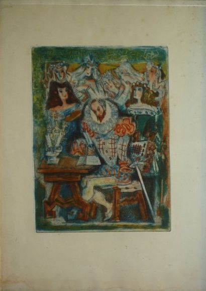 Pedro FLORES Roi et courtisanes Gravure en couleurs, non signée. 23,5 x 17,5 cm.