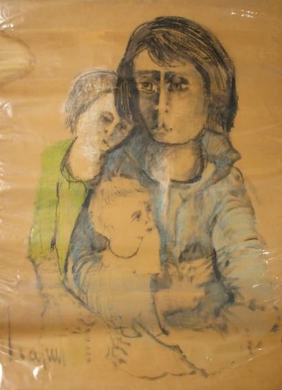 Jean-Pierre CHAPUT Mère et ses deux enfants Technique mixte sur papier (accidents,...
