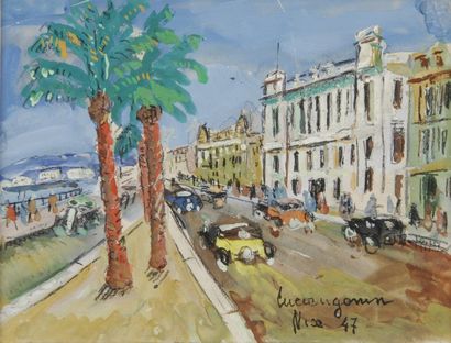 Lucien GÉNIN La promenade des Anglais à Nice, 1947 Gouache (petits accidents), signée,...