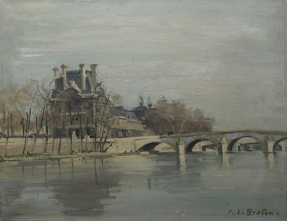 Constant LE BRETON Le Louvre vu de la Seine Huile sur toile (petit accident), signée...