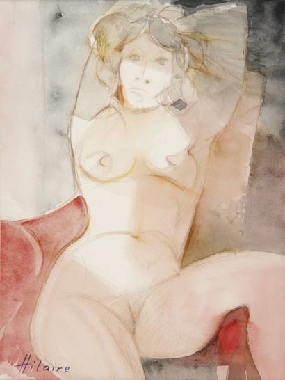 Camille HILAIRE Nu de face fond rouge Aquarelle, signée en bas à gauche. 39,5 x 29...