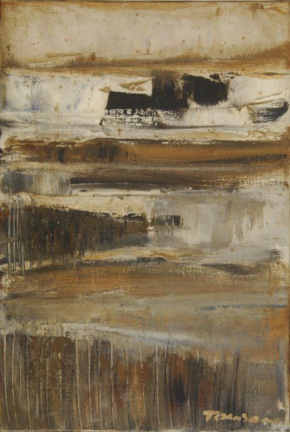 Guy TOUBON Camargue, étang brun et gris avec taureaux, 1985 Huile sur toile, signée...