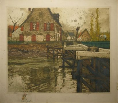 Ferdinand Jean LUIGINI Paysage de Hollande, avril 1908 Eau-forte en couleurs (rousseurs),...