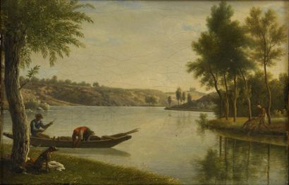 Attribué à Joseph BIDAULT Rivière avec barque et nageur Huile sur toile (traces de...