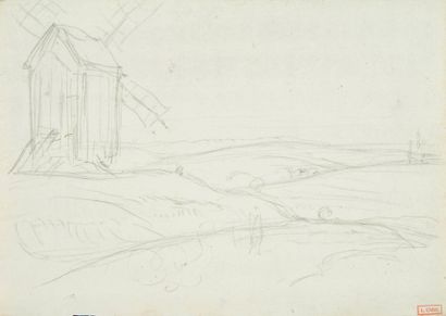 Louis CABAT Moulin sur la colline Mine de plomb sur papier vergé (trace de déchirure),...