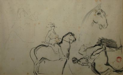 Alfred DEHODENCQ Cavaliers et chevaux Feuille d'étude au fusain (rousseurs), cachet...