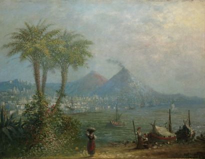 Charles BERTIER La baie de Naples et le Vésuve Huile sur toile (restaurations, traces...