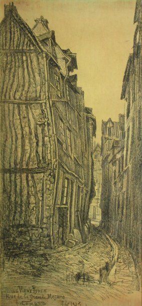 Fernand COMBES Le vieux Rouen, rue de la Grande Mesure, fev. 1913 Encre noire avec...