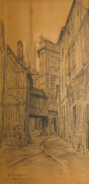 Fernand COMBES Rouen, passage du Halage, 18 janv. 1913 Crayon noir et rehauts de...