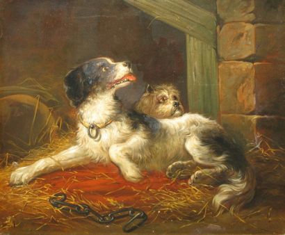 ÉCOLE FRANÇAISE du XIXe siècle Les deux chiens Huile sur toile rentoilée, non signée....