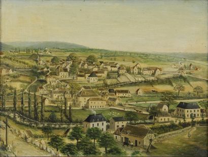 ÉCOLE NAÏVE XIXe siècle Vue de ville Huile sur toile, signature peu lisible en bas...