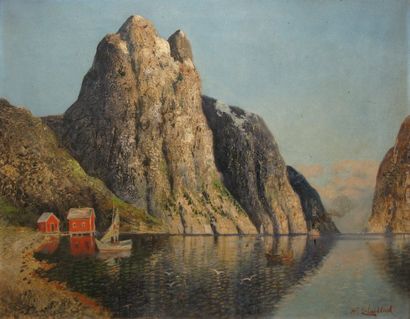 H. ELMBLAD Fjord Hardanger, Norvège Huile sur toile, signée en bas à droite, située...