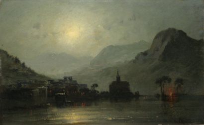 Hermann ESCHKE Vue du lac de Genève au clair de lune Huile sur carton, signé en bas...