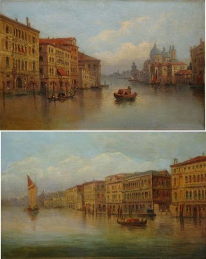 Heinrich HILLER La Salute - Le grand Canal Deux huile sur toiles formant pendant...