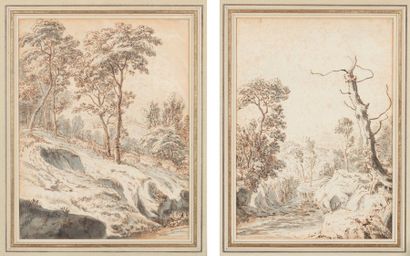 Albert MEYERINGH (1645 -1714) Paire de paysages boisés Plume et encre brune, lavis...