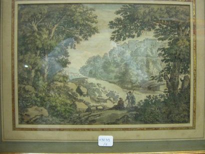 Entourage d'Isaac de Moucheron (1667-1744) Paysage animé Aquarelle, plume et encre...