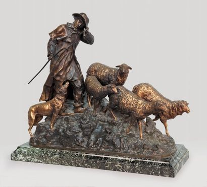 R.MARQUET (XIXe- XXe siècle) Le retour du troupeau Épreuve en bronze patiné et partiellement...