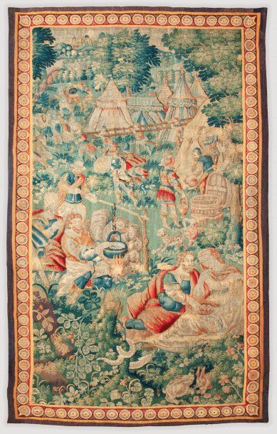 null Fragment de tapisserie, Flandres, Audenarde (?), XVIe siècle Scène galante devant...