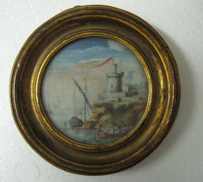 École Française (fin XVIIIe siècle) Marine Miniature sur ivoire à vue circulaire....