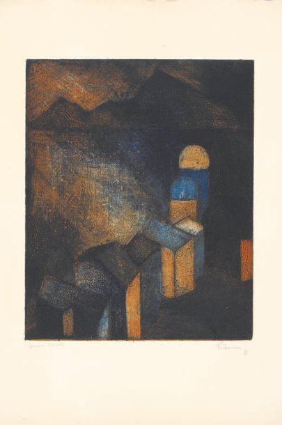 Akbar PADAMSEE Paysage aux toits, 1958 Eau-forte en couleurs, épreuve d'artiste,...