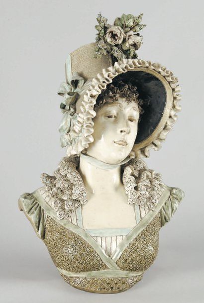 Louis-Robert CARRIER-BELLEUSE Jeune femme au col en dentelle et chapeau aux roses...
