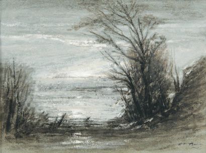 François Auguste RAVIER Lumière argentée sur un lac Aquarelle gouachée sur papier...