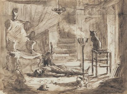 Antoine MONNIER Le trépassé aux chats, circa 1870 Lavis d'encre sur mine de plomb...
