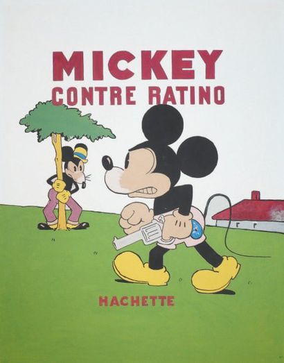 DISNEY Couverture de l'album Mickey contre Ratino édité par Hachette en 1932. Gouache....