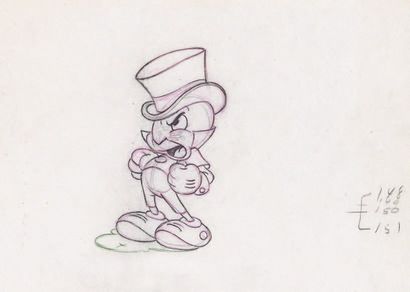 null Pinocchio Studio Walt Disney, 1940. Dessin d'animation original de Jiminy Cricket...