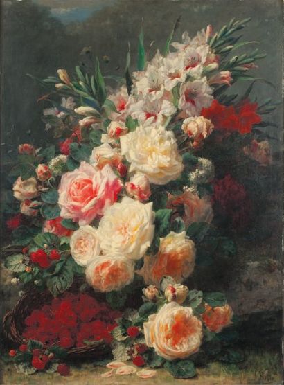 ROBIE Jean-Baptiste (1821 - 1910) Bouquet de fleurs et panier de fraises Huile sur...