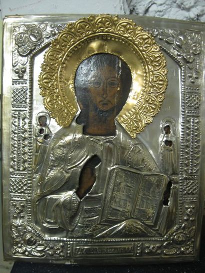 null Christ Pantocrator, entouré de Saint Joachim et de Sainte Anne Avec oklad en...