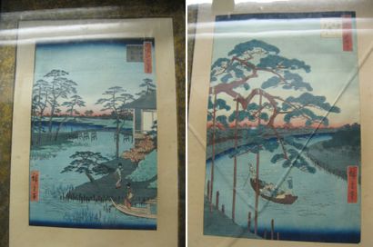 HIROSHIGE Deux estampes oban tate-e de la série Meisho Edo Hyakkei, " Cent vues célèbres...