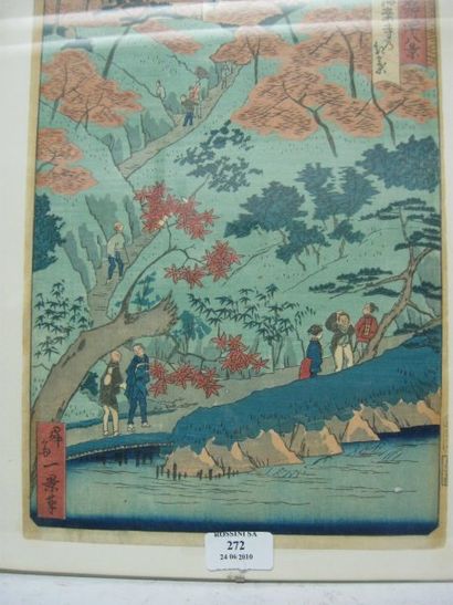 Shôsai IKKEI Estampe oban tate-e représentant des promeneurs dans un jardin à l'automne....