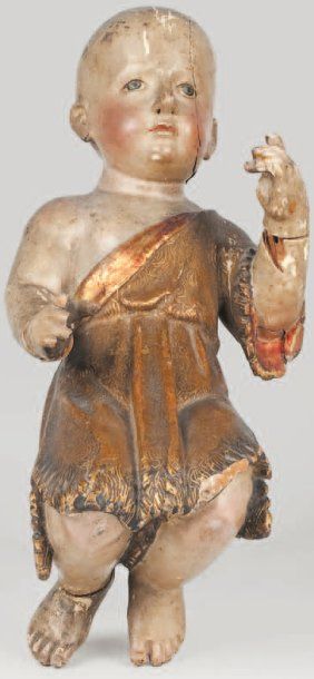 null St Jean Baptiste à genoux en bois sculpté polychrome et doré. Il est vêtu d'un...