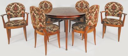 LELEU Jules (1883 -1961) Table de salle à manger à plateau circulaire à en placage...