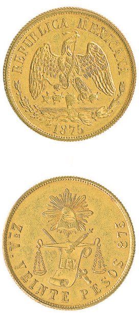 IDEM. 20 Pesos, Zacatecas 1875. Fr.127. D'une grande rareté et TTB