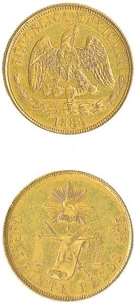 IDEM. 20 Pesos, Guanajuato 1888. Fr.124. Presque superbe(une rayure à l'avers)