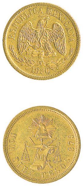 IDEM. 10 Pesos, Mexico 1880. Fr. 128. Presque superbe