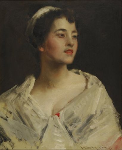 William Merritt CHASE Jeune femme au châle blanc Huile sur toile (très petites restaurations),...