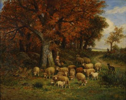 James DESVARREUX-LARPENTEUR Bergère et son troupeau à l'automne Huile sur toile,...