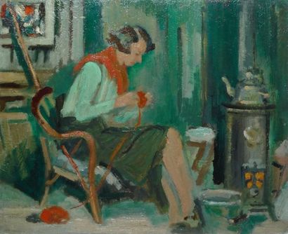 null La jeune fille au tricot rouge, Villiers-sur-Morin, 1943 Huile sur carton, cachet...