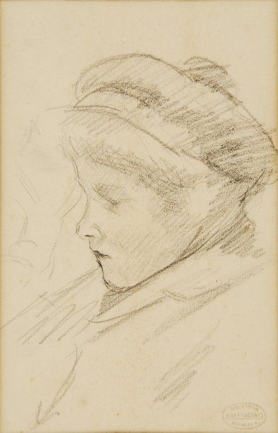 Mary CASSATT Enfant au béret Crayon noir sur papier beige (quelques rousseurs), cachet...