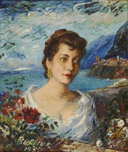David BURLIUK Buste féminin devant la mer, 1954 Huile sur toile (accidents et manques),...