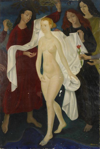 Camille HILAIRE Le bain, 1944 Huile sur toile doublée sur panneau (craquelures, manques...