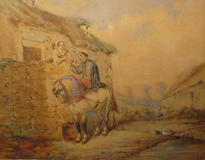 ADAM Victor, 1801-1866 Les amoureux près de la ferme, aquarelle (traces d'insolation,...