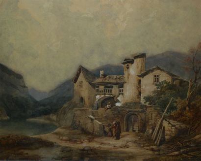 ÉCOLE ROMANTIQUE, XIXème siècle Ferme en bord de rivière, aquarelle gouachée (traces...