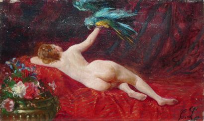 ANONYME, fin XIXème siècle Odalisque au perroquet, huile sur toile (petits accidents),...