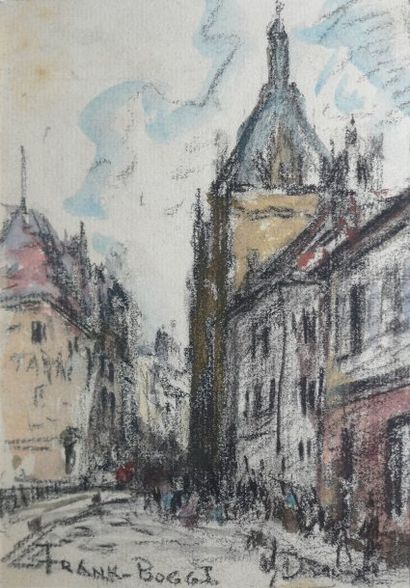 FRANK-BOGGS, 1855-1926 Rue à Dreux, crayon noir aquarellé (légères rousseurs), signé...